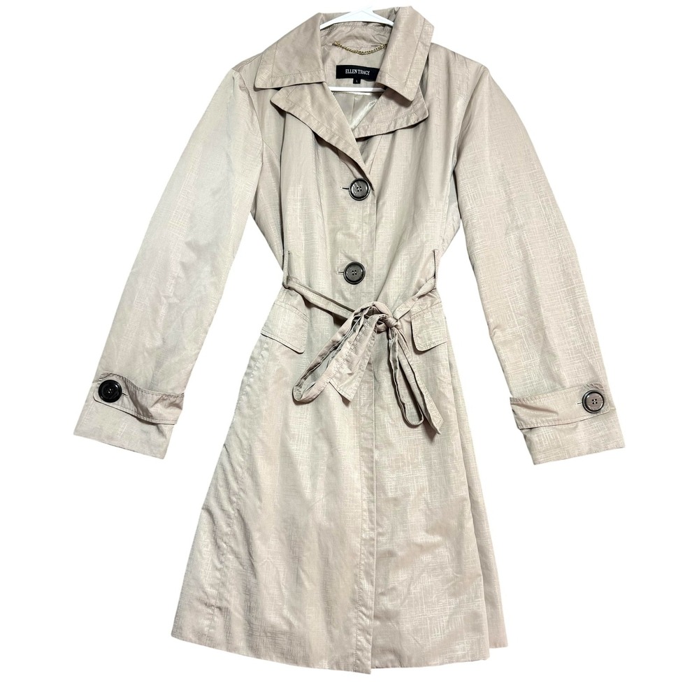 Ellen Tracy Trench Coat Womens Large Beige Belted Tie Waist Button Front Lined